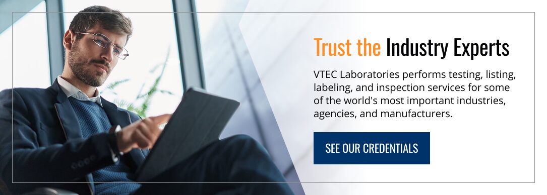 A man in business attire looking at a tablet, with text on the side of the image encouraging viewers to request a quote for ASTM C518 from VTEC Labs.