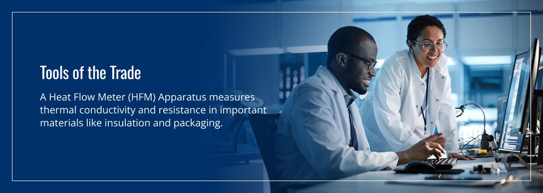 Two scientists in lab coats analyze data on a computer, with text on the side of the image explaining that the ASTM C518 test measures a material’s thermal conductivity, resistance, and transmittance.